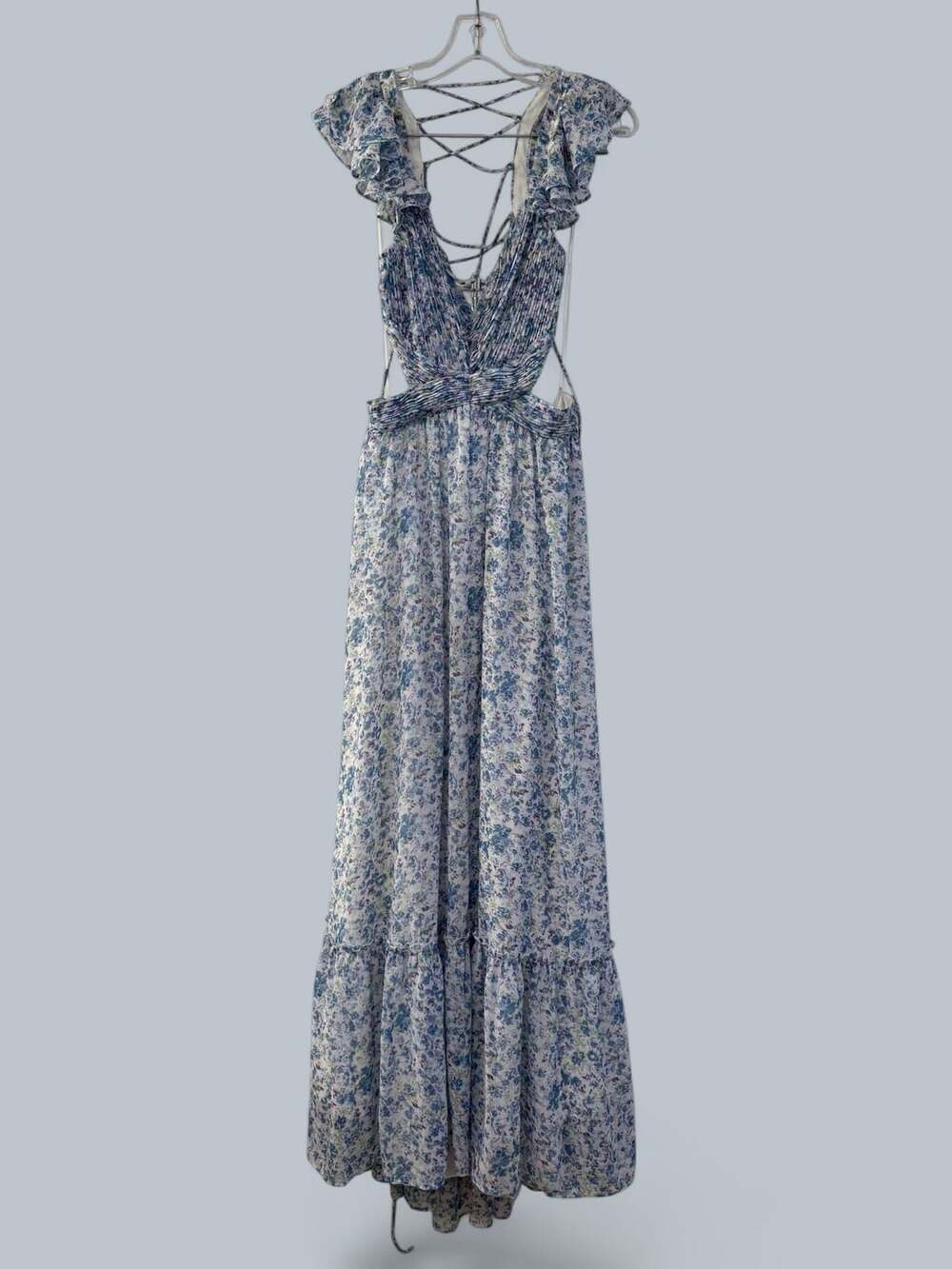 ASTR the Label Blue Floral Ruffle Maxi Cut-Out Dress Size L - Picture 4 of 11